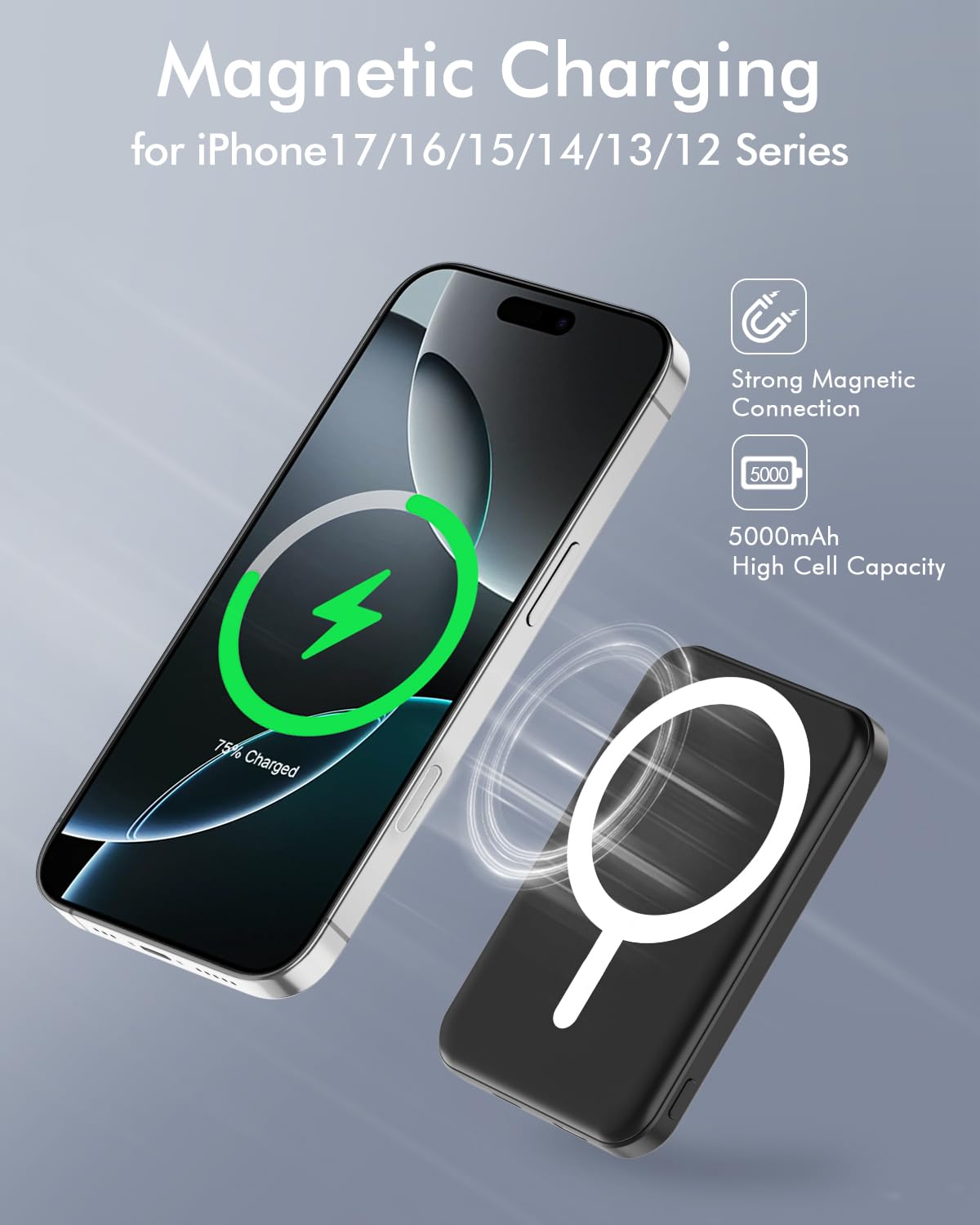 Podoru Magnetic Power Bank, 5000mAh 20W, Black