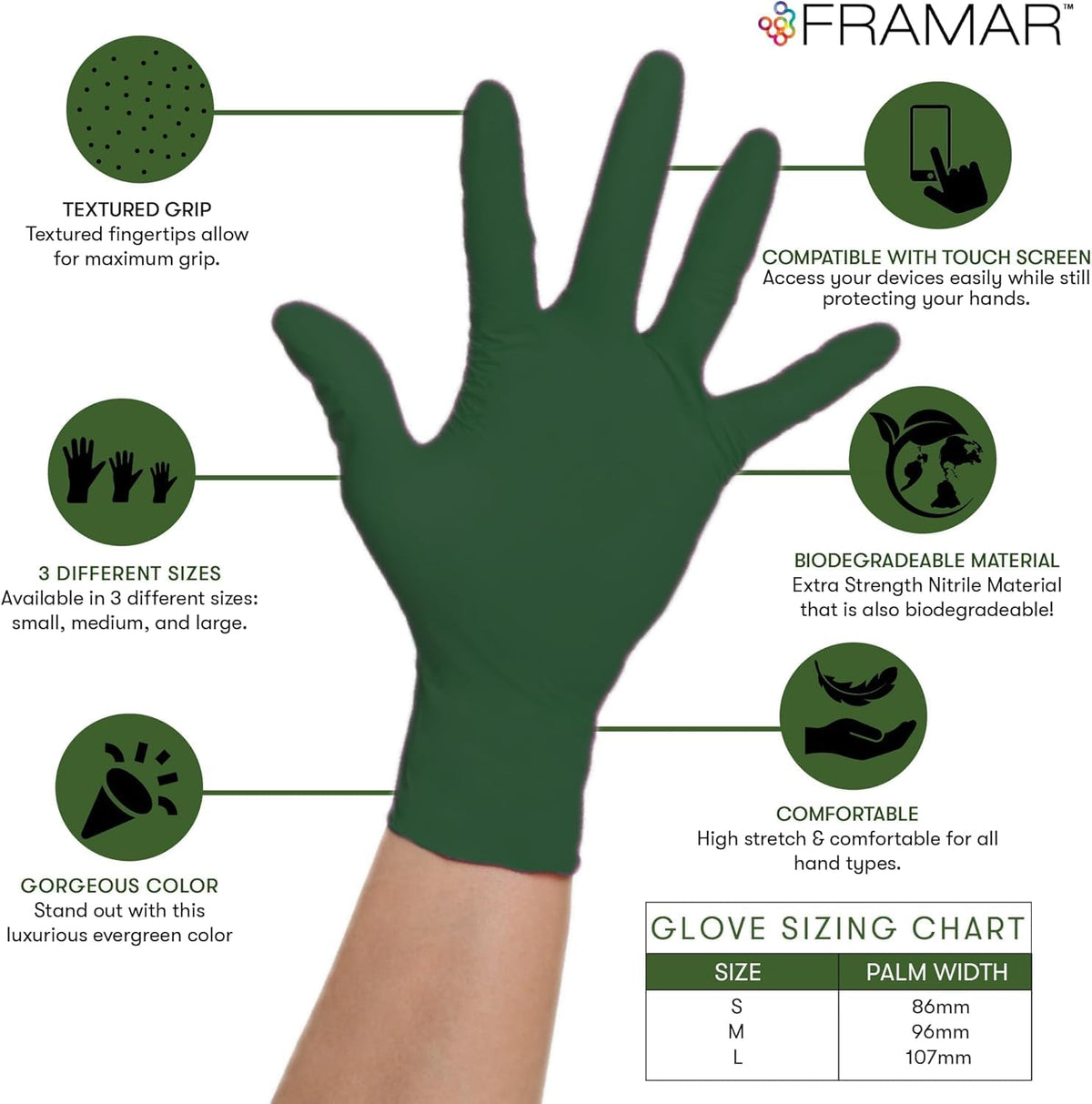FRAMAR Green Disposable Nitrile Gloves, Medium (100 Count)