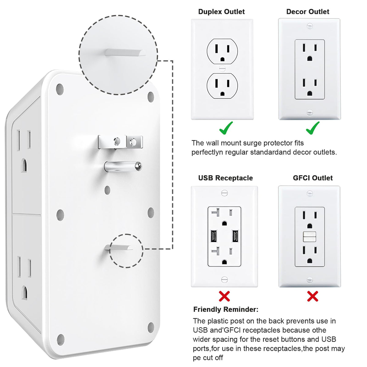 JcBlaon 6-Outlet Wall Surge Protector with 4 USB Ports, White