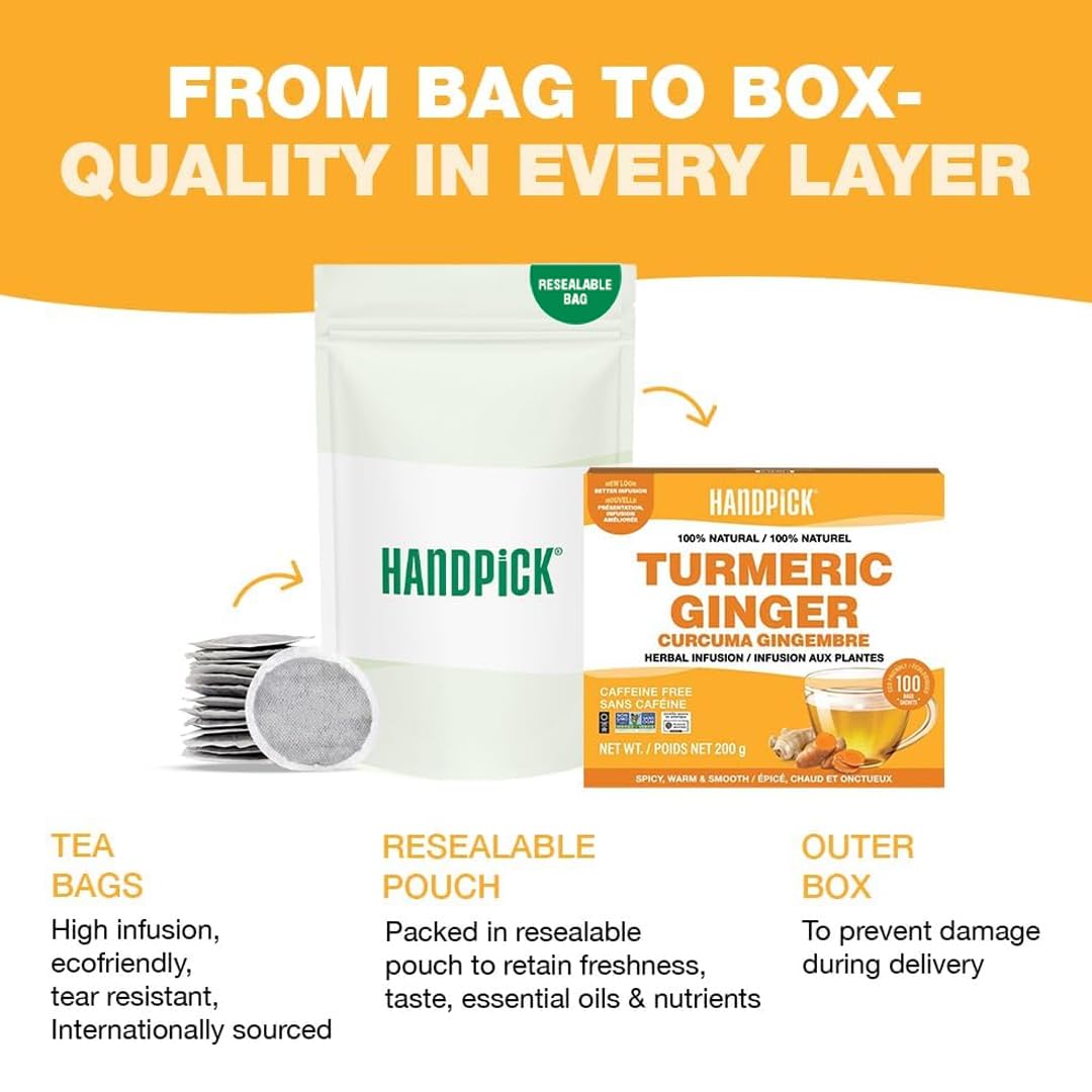 HANDPICK Turmeric Ginger Herbal Tea, 100 Tea Bags