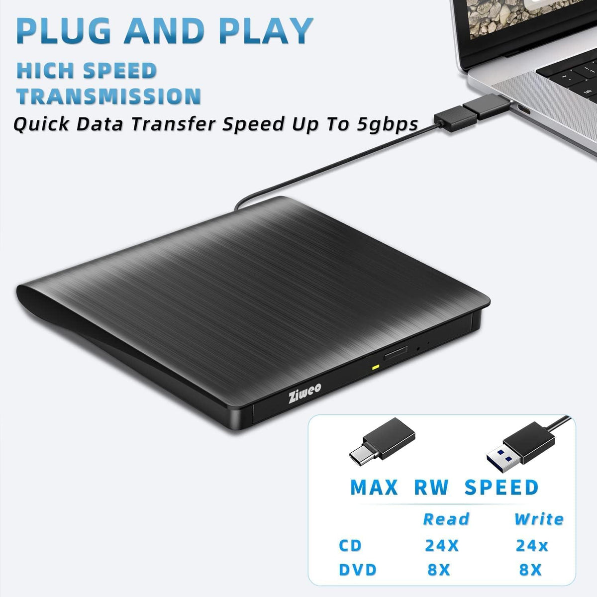 Portable USB 3.0 Type-C External CD/DVD Drive