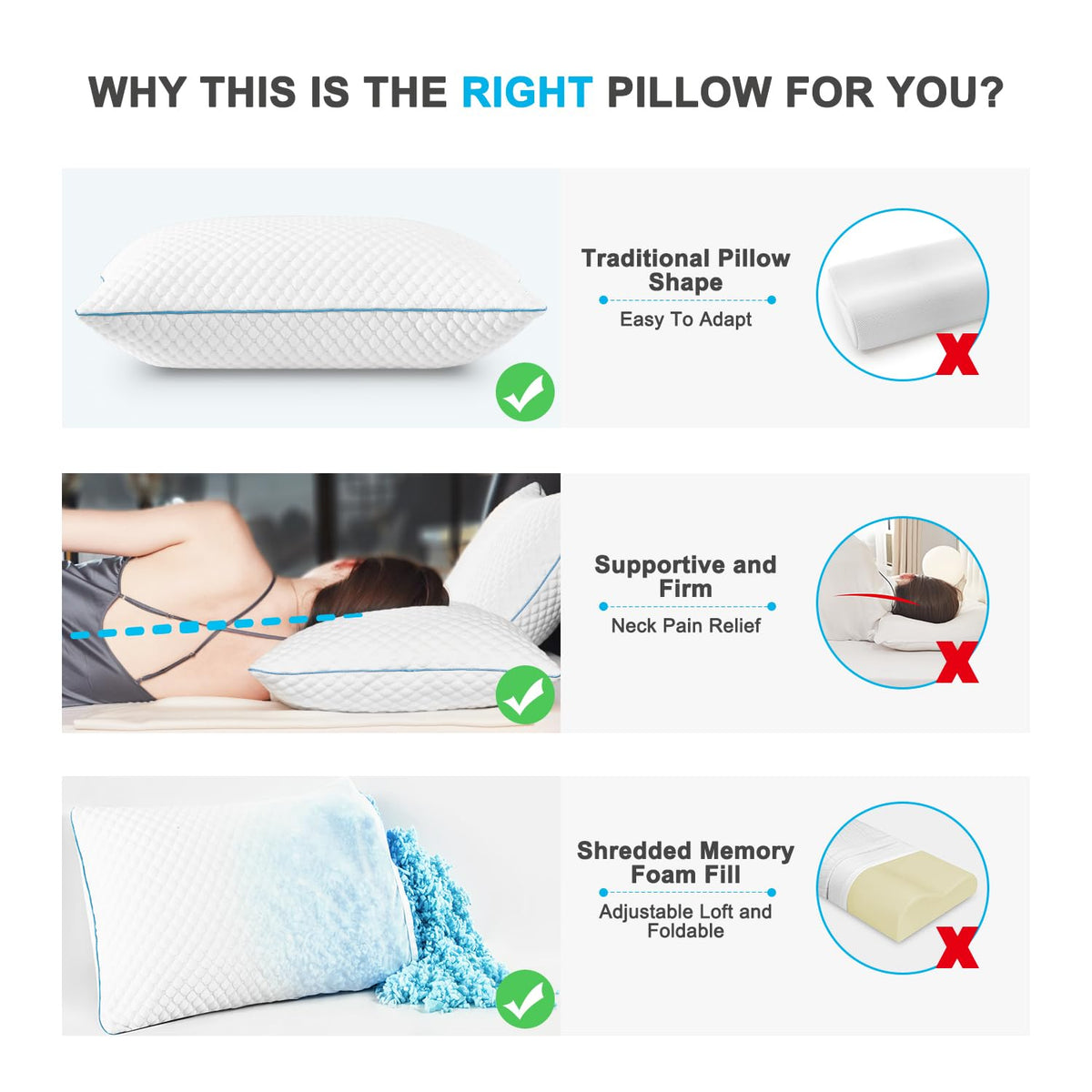 VVZ Cooling Shredded Memory Foam Pillows, Queen Size, 2 Pack