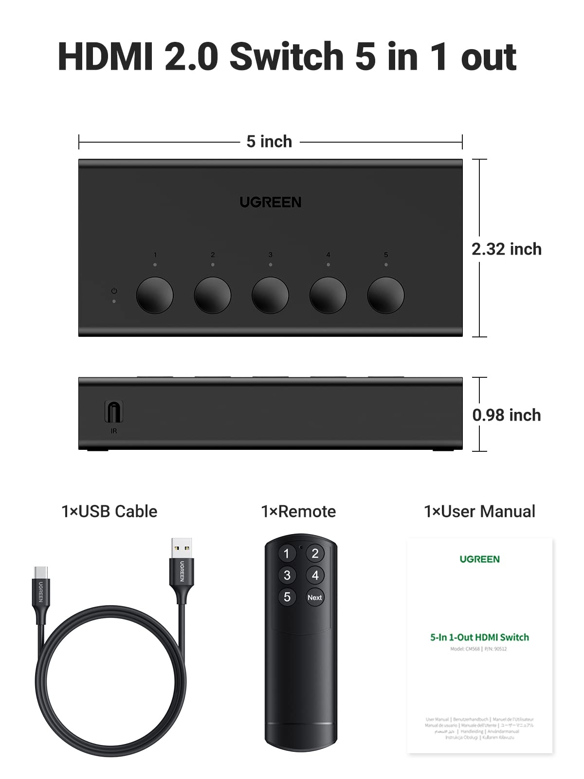 UGREEN 5-in-1 Out 4K 60Hz HDMI Switch with Remote, Black