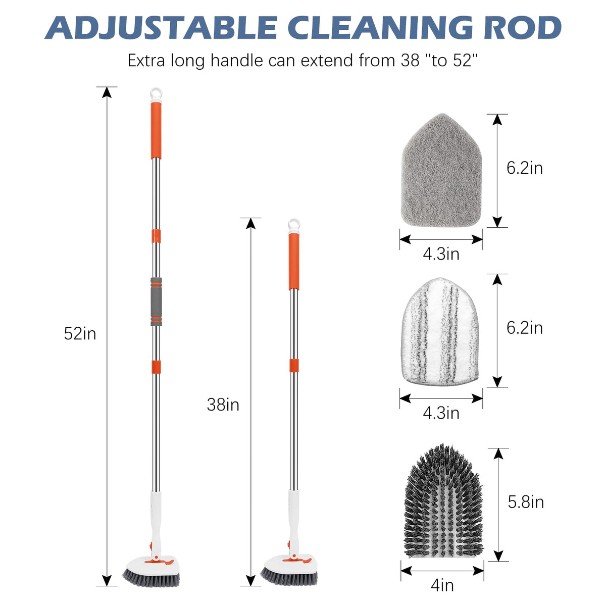 Setsail 3-In-1 Floor Scrub Brush, 52-inch Long Handle, 3 Brush Heads