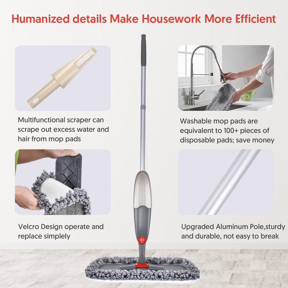 Domi-Patrol Spray Mop with 3 Washable Pads, Gray