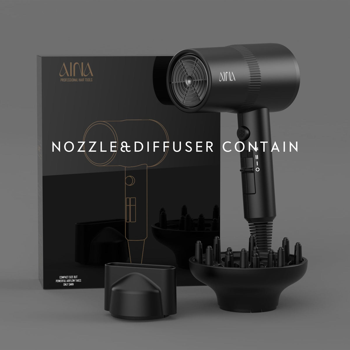 AINA Diffuser Hair Dryer, 1600 W, Vader Black