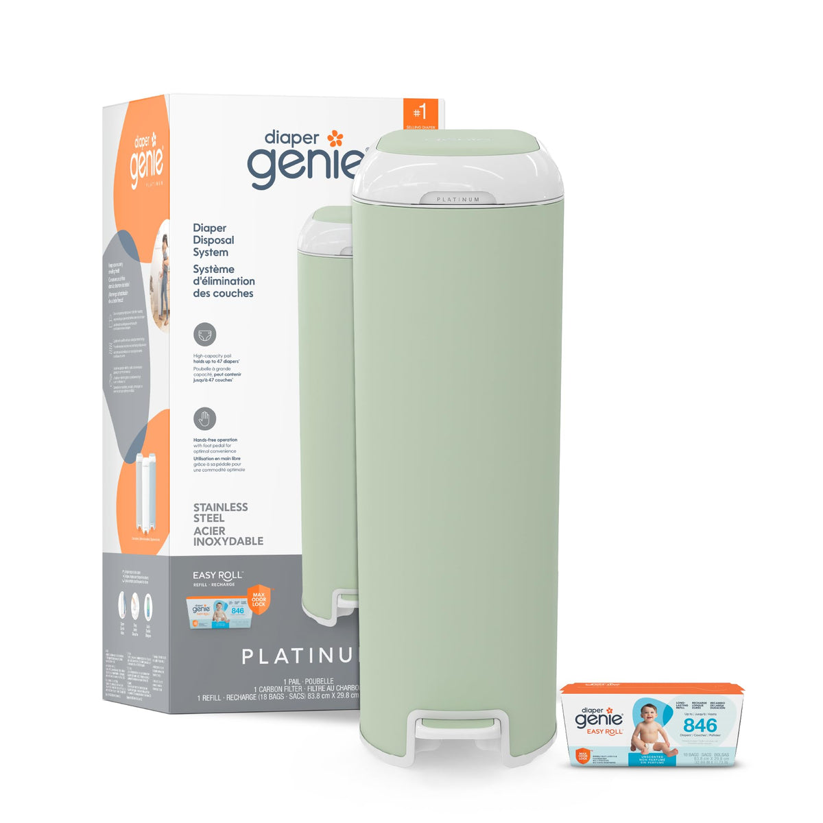 Diaper Genie Platinum Pail with Easy Roll Refill, 18 Bags