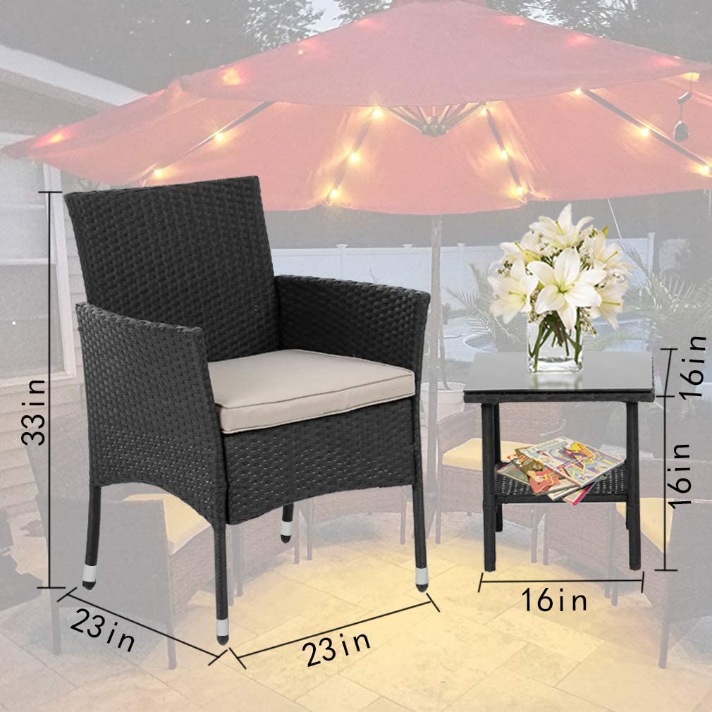 FDW Wicker Patio Furniture 3 Piece Bistro Set, Black