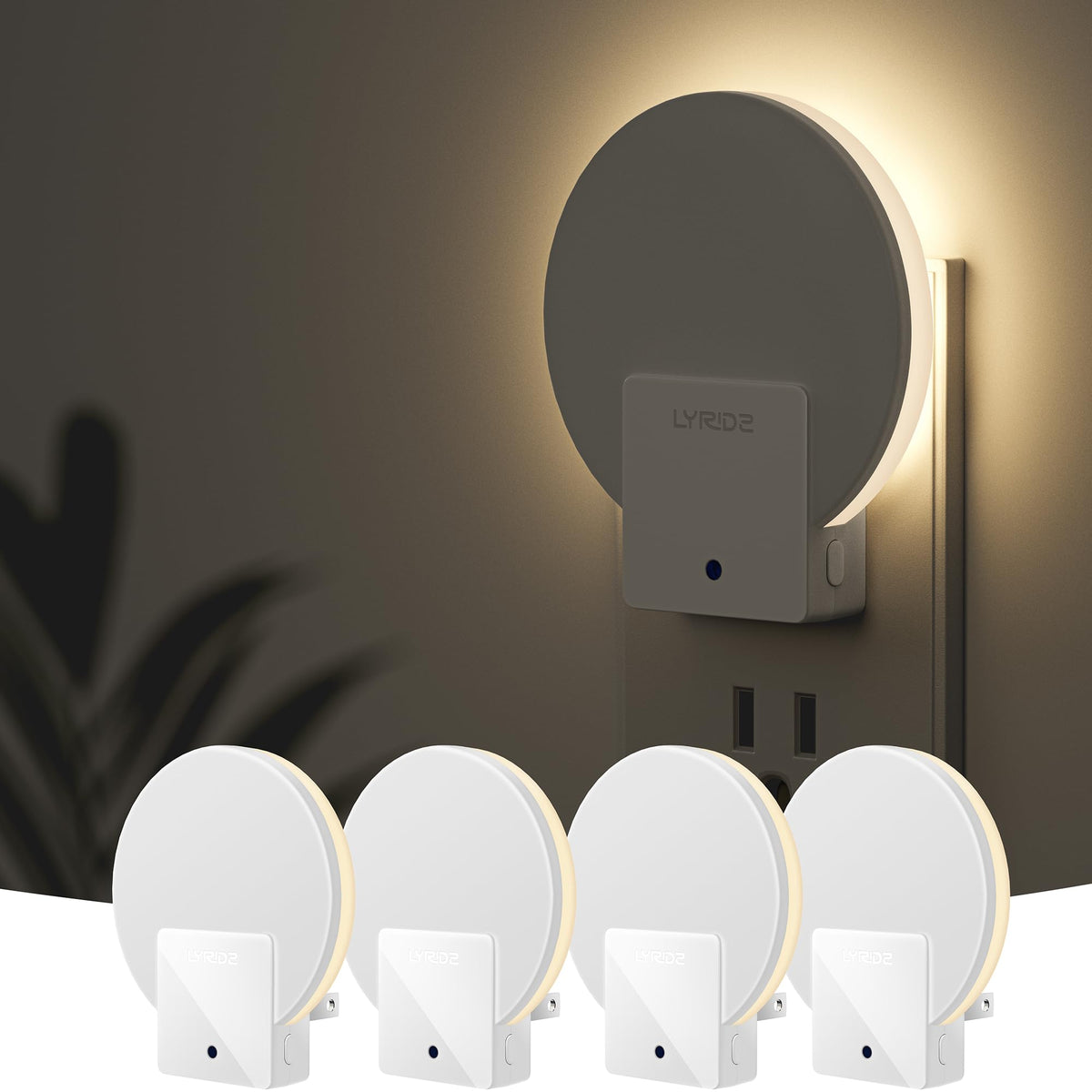 Lyridz Plug-In Backlit Night Light, Dusk to Dawn, Warm White (4 Pack)