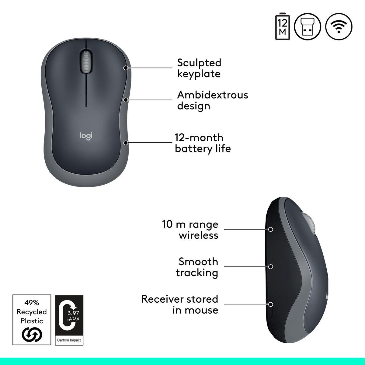 Logitech M185 Wireless Mouse, Swift Grey