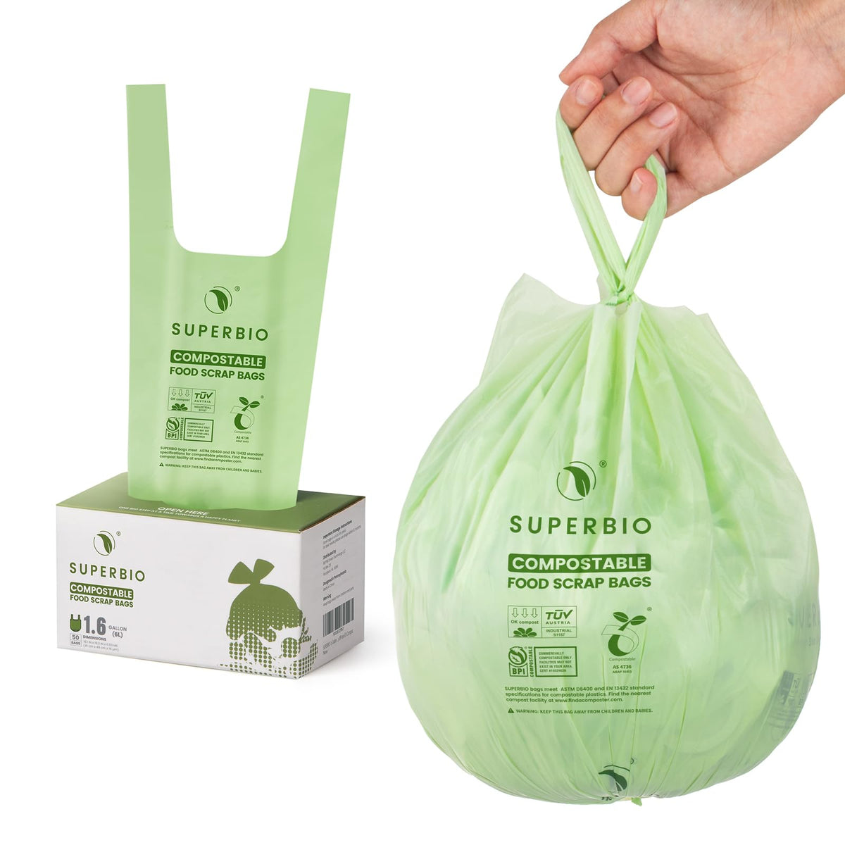 Superbio Compostable Food Scrap Bags, 6L, 50 Count