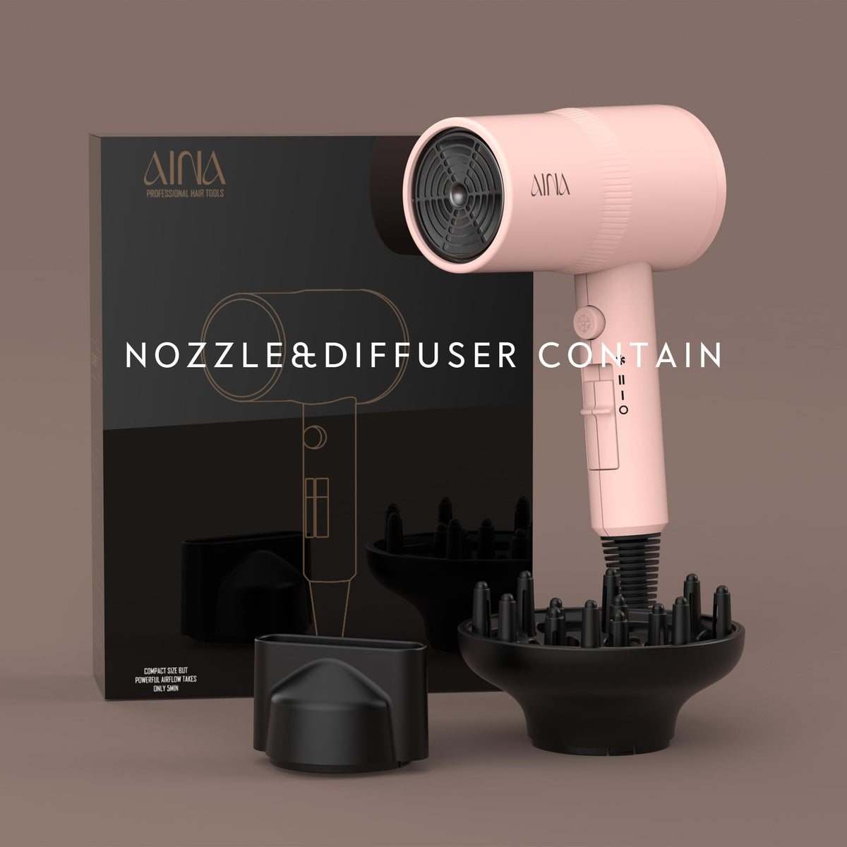AINA Diffuser Hair Dryer, 1600 W, Babe Pink