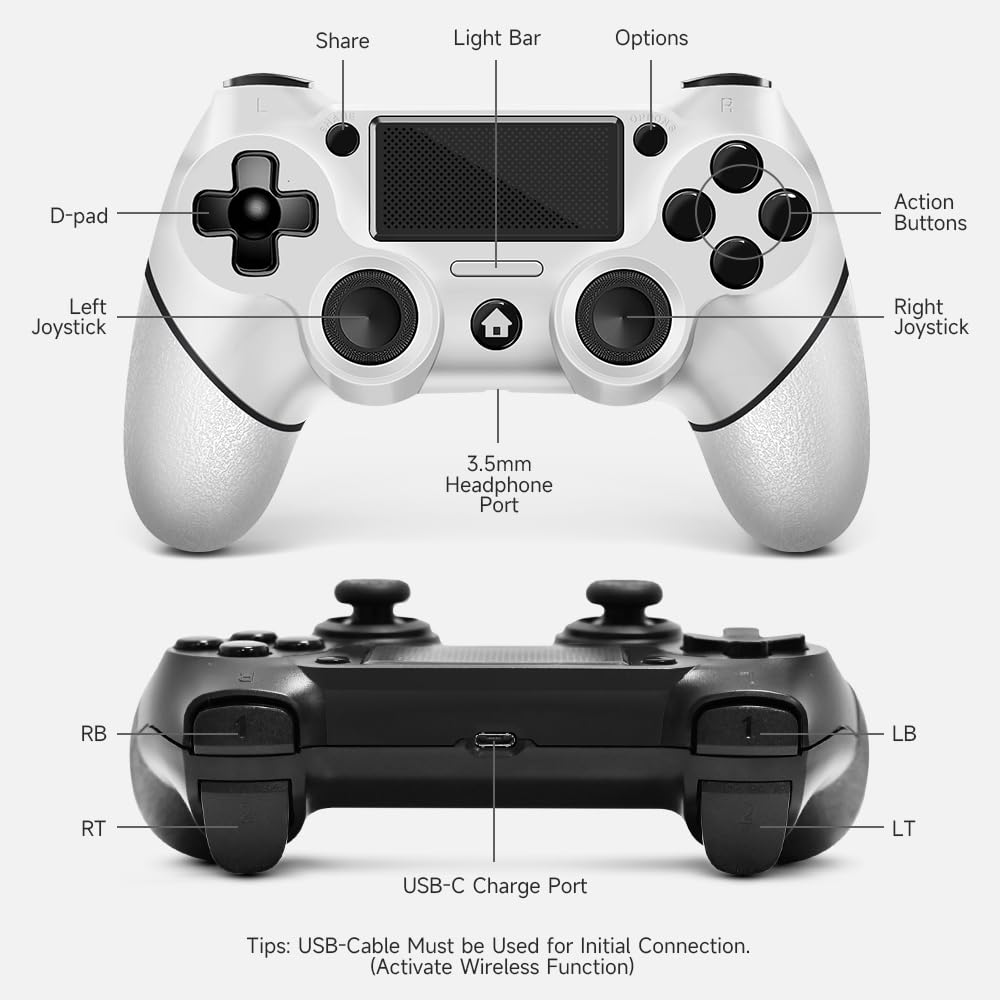 AceGamer Wireless Controllers for PS4 and PC, 2-Pack, Black and White