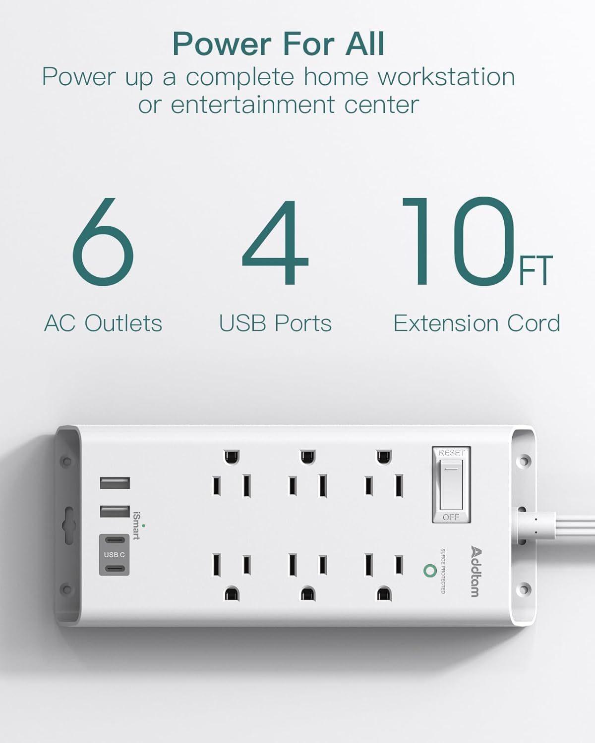 Addtam 6-Outlet Surge Protector Power Strip with USB, 10 ft, White