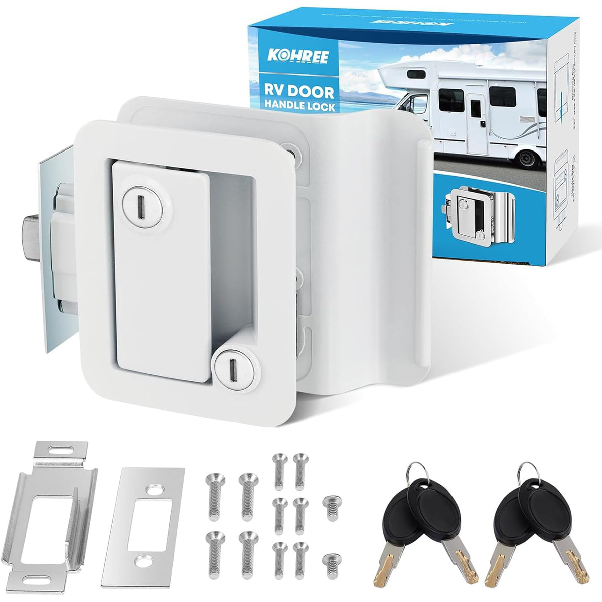 Kohree RV Entry Door Lock Latch Handle with Paddle Deadbolt, White