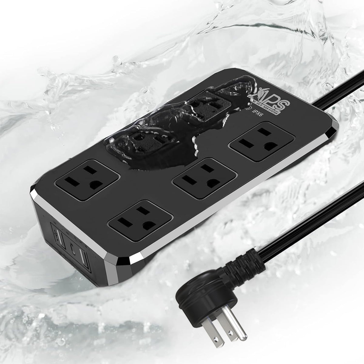 Outdoor Weatherproof Power Strip, 6 Outlets, 3 USB Ports, 6 ft, Black