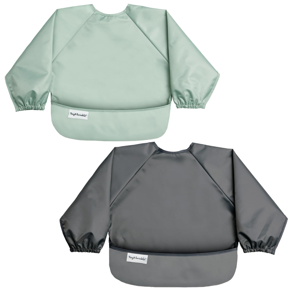 Tiny Twinkle Mess Proof Baby Bib, 2 Pack, Sage/Charcoal, 6-24M