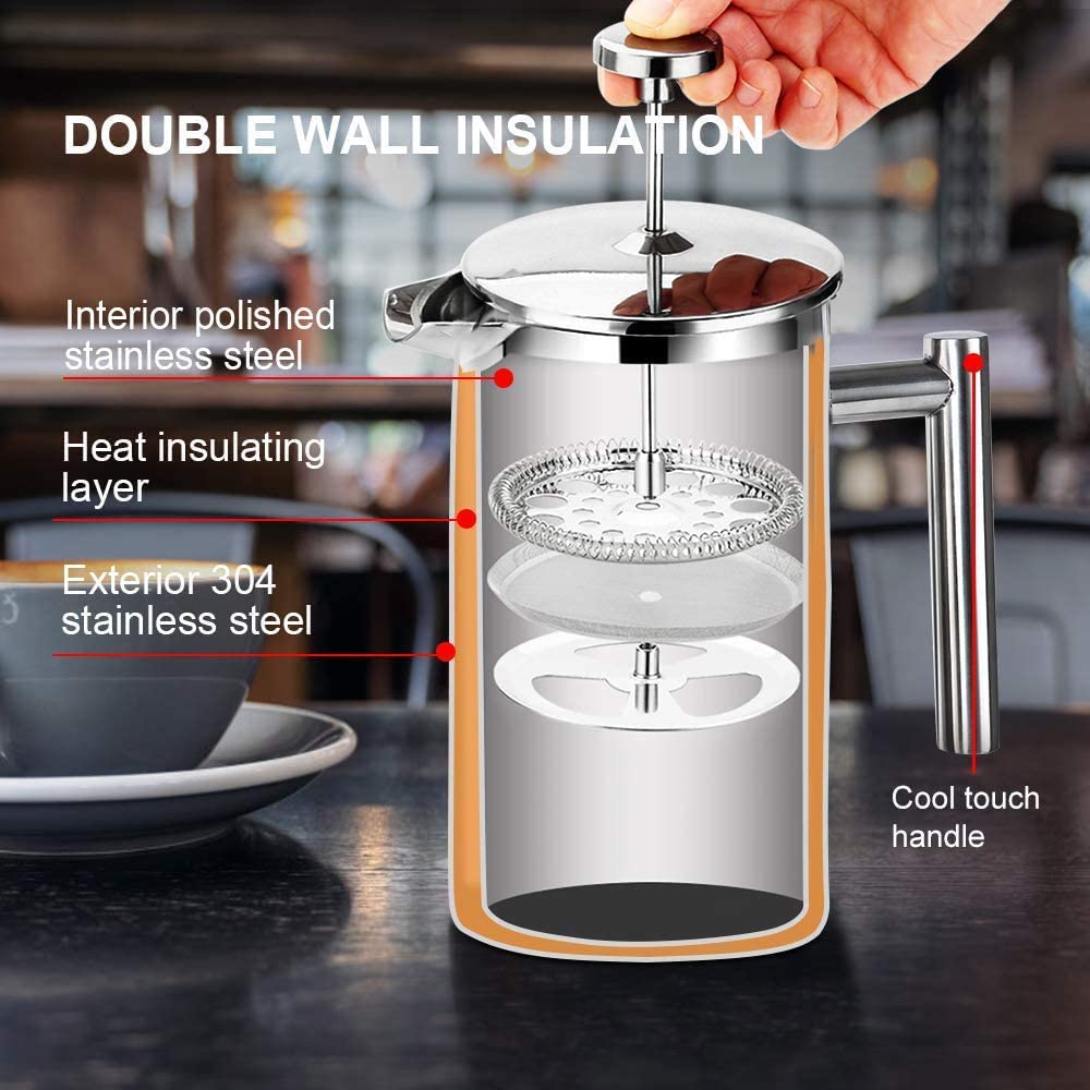 Secura French Press Coffee Maker, 34 oz (1 L), Stainless Steel, Silver