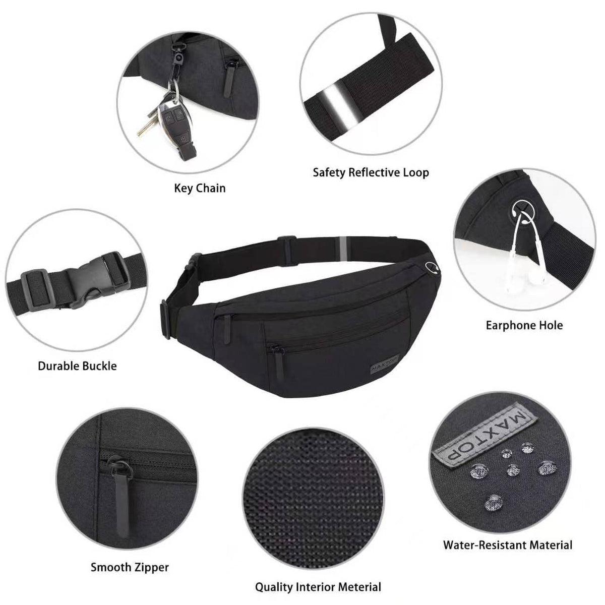 MAXTOP Large Water-Resistant Fanny Pack with 4 Zipper Pockets