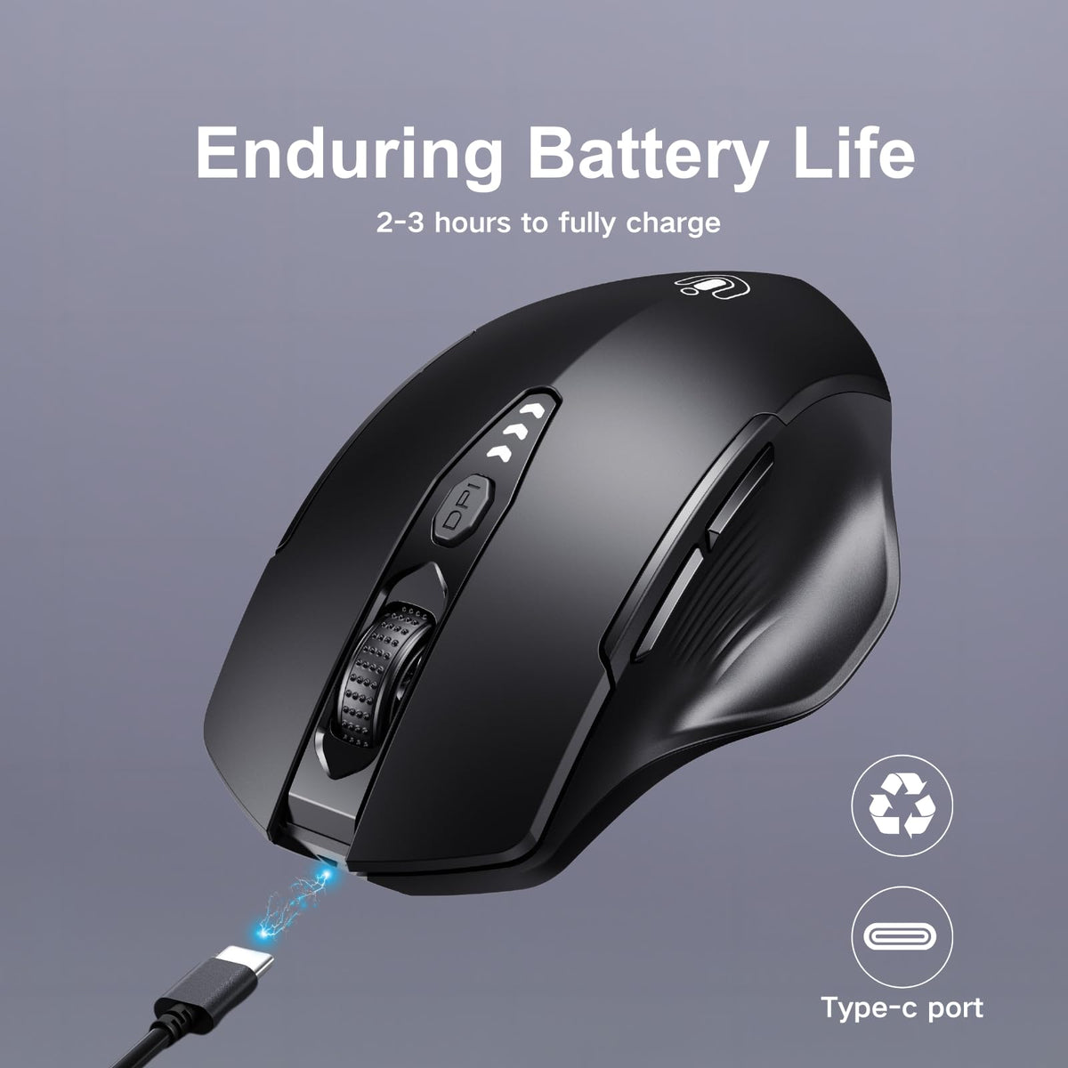 Rechargeable Bluetooth Wireless Mouse, Tri-Mode, Adjustable DPI, Black
