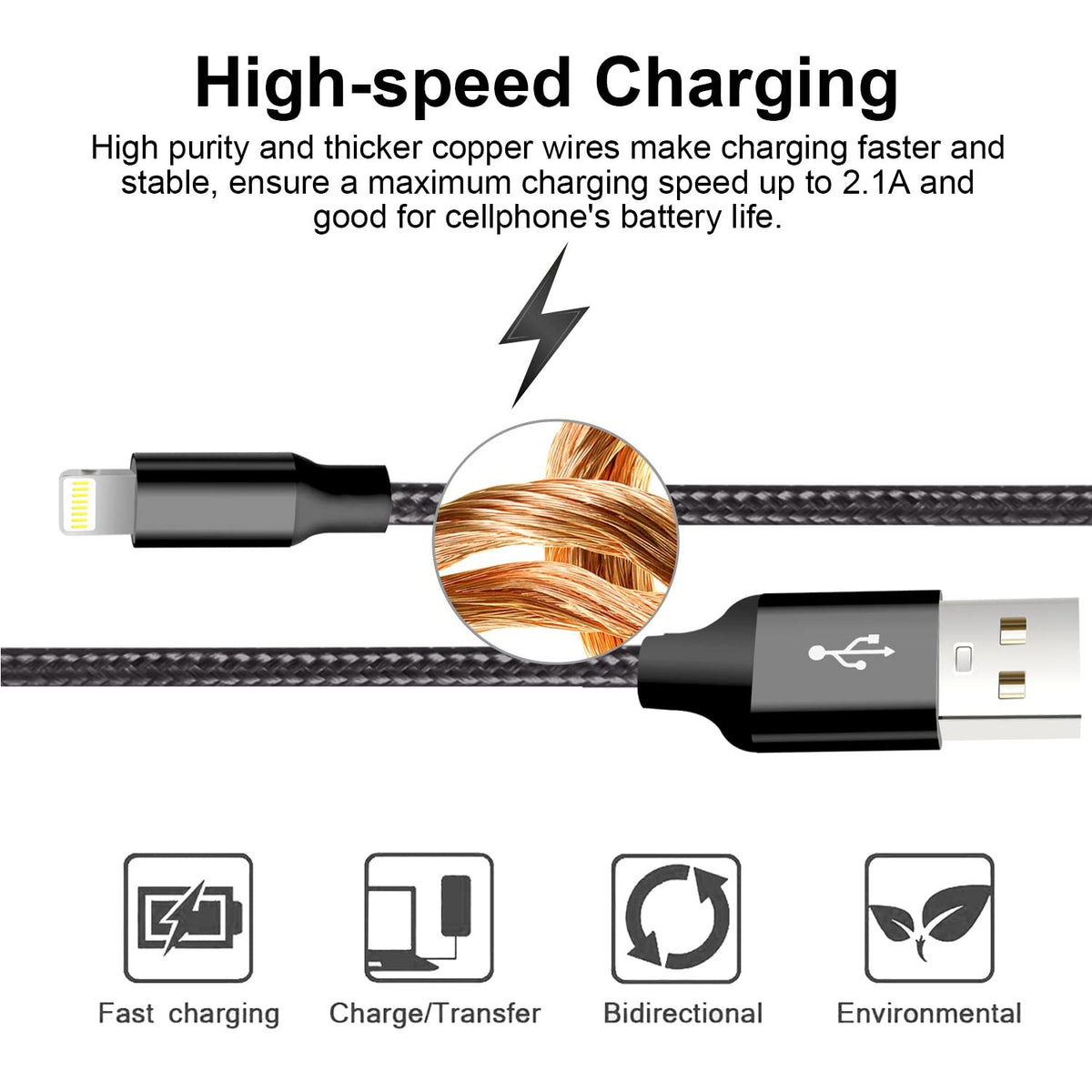CUGUNU Lightning Cable, 5-Pack, Black