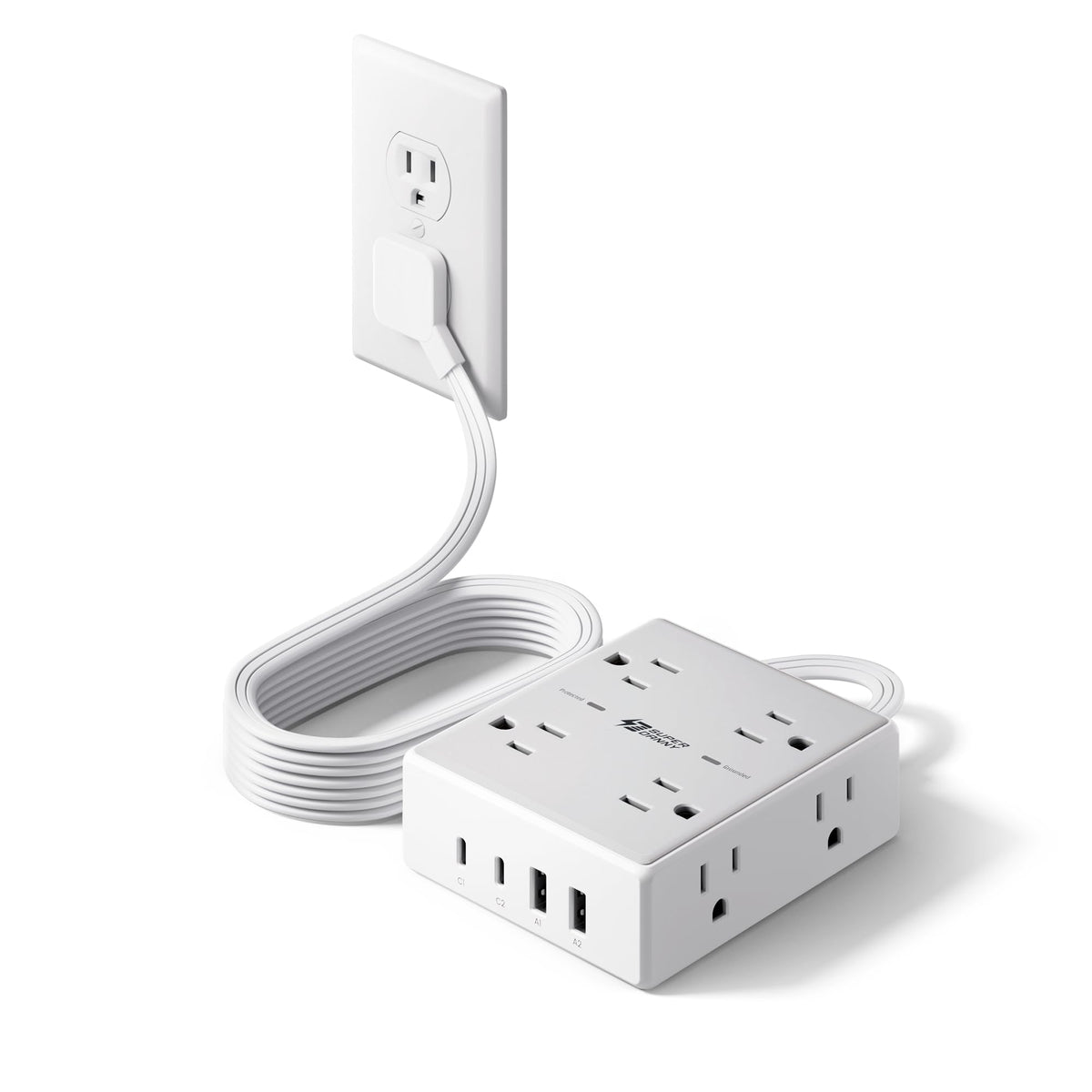 SUPERDANNY Flat Plug Surge Protector, 8 Outlets, 4 USB, 6 ft, White
