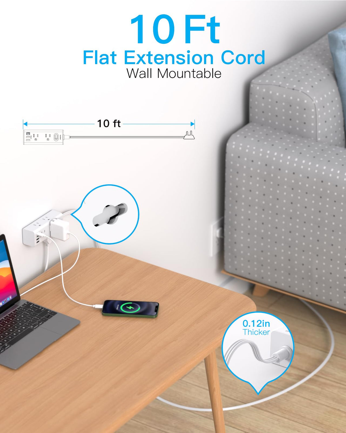 One Beat 10 ft Flat Plug Surge Protector Power Bar with USB, White