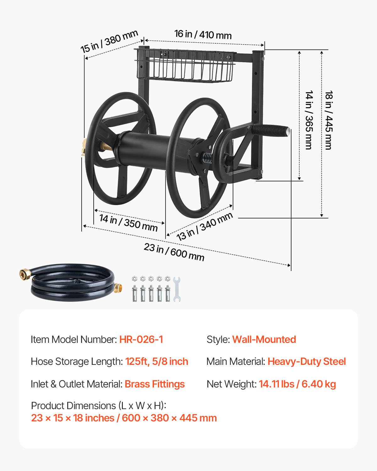 VEVOR Wall Mounted Garden Hose Reel, 125 ft x 5/8-Inch Hose
