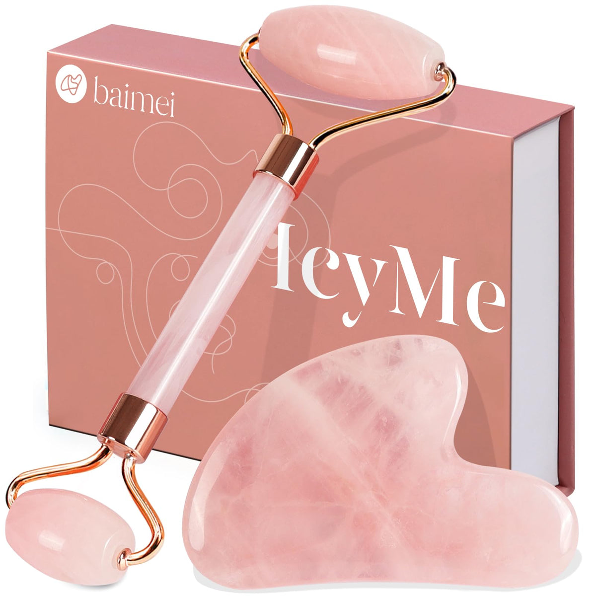 BAIMEI IcyMe Rose Quartz Roller and Gua Sha Set