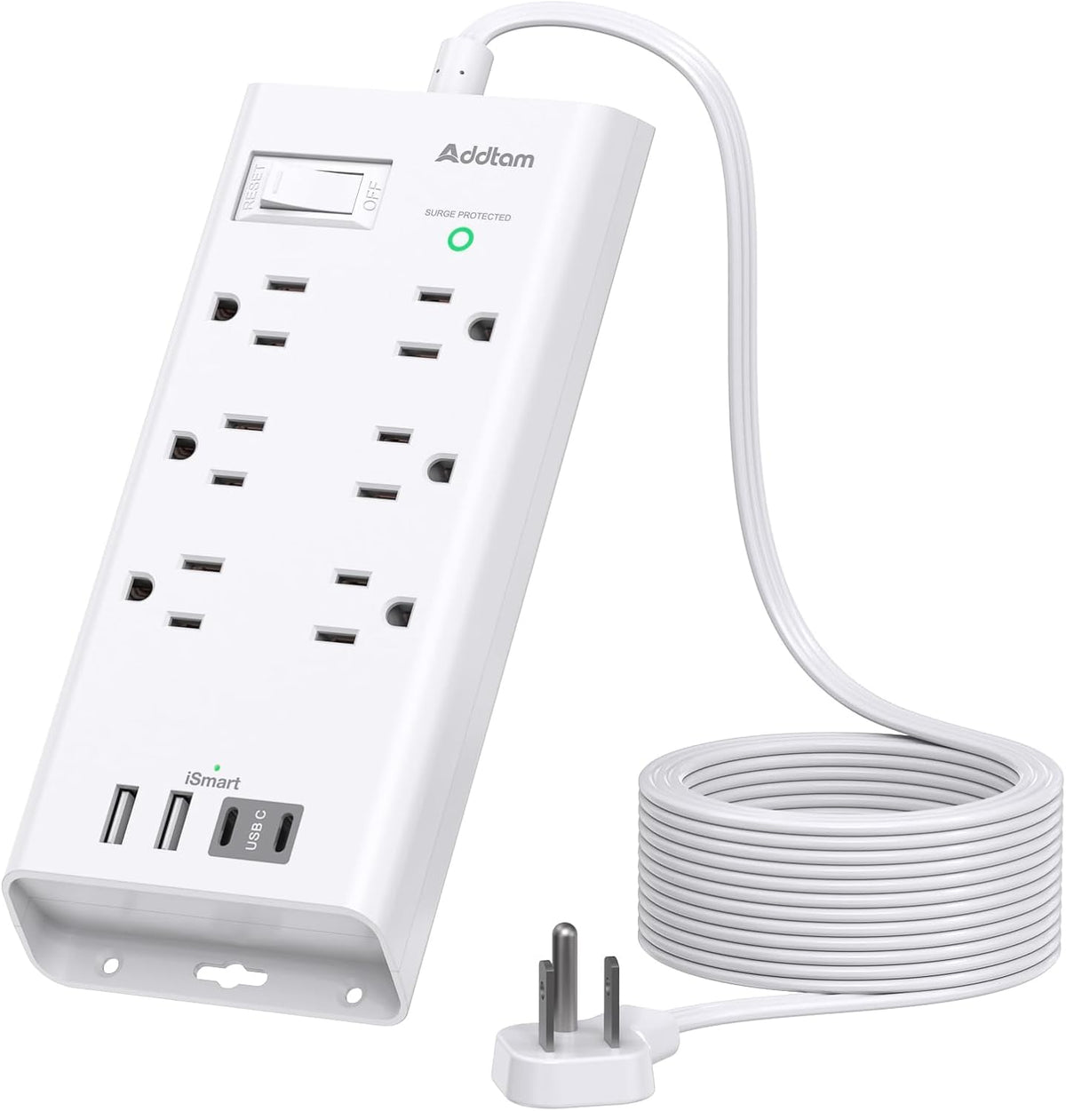 Addtam 6-Outlet Surge Protector Power Strip with USB, 10 ft, White