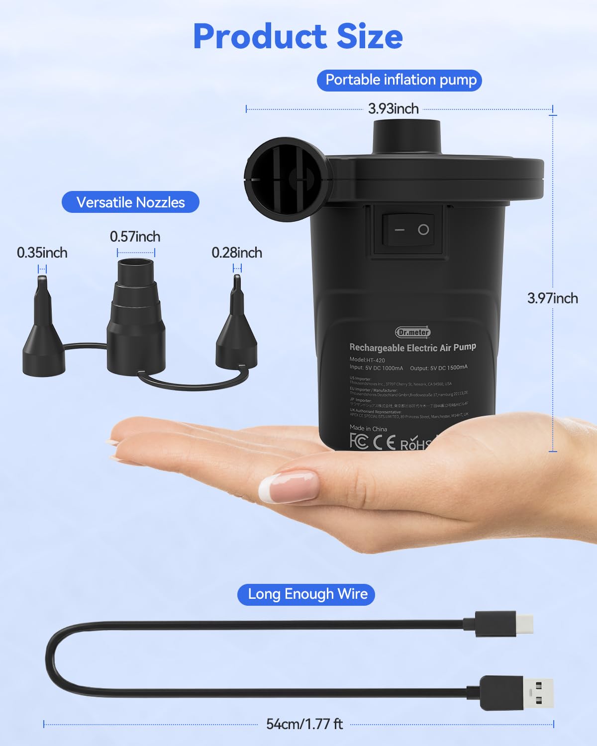 Dr. Meter Rechargeable Air Pump for Inflatables, 4000 mAh