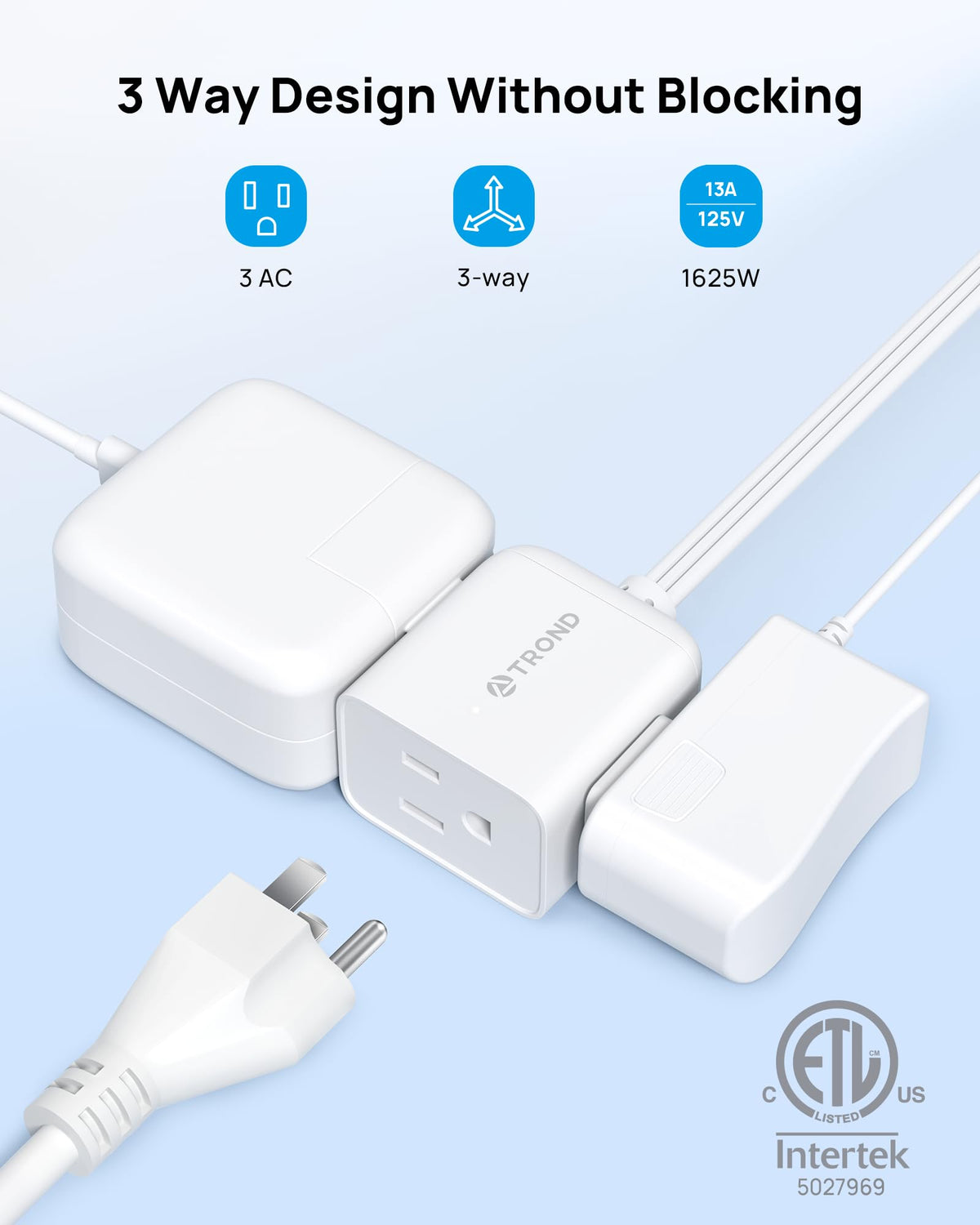 TROND 6 ft Flat Extension Cord with 3 Outlets, White