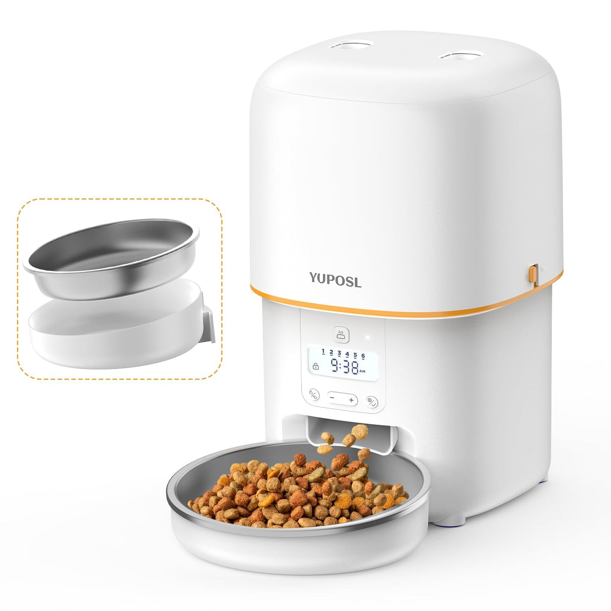 Yuposl 3L Automatic Cat Feeder with Stainless Steel Bowl, White