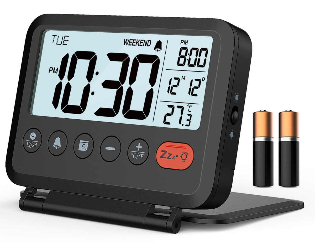 MeesMeek Digital Travel Alarm Clock with Date and Temperature, Black