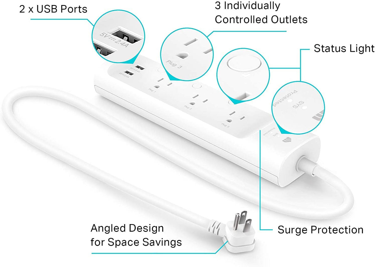 Kasa Smart Plug Power Strip by TP-Link, KP303, 3 Outlets, 2 USB Ports