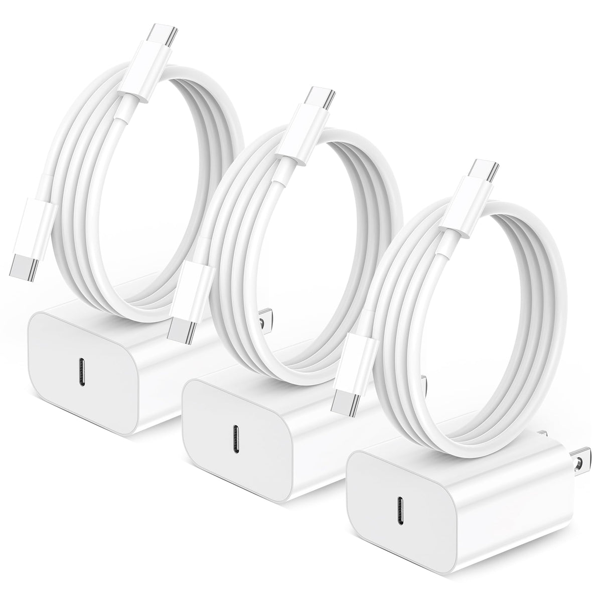 20W USB-C Fast Wall Charger with 6ft USB C Cable, 3 Pack