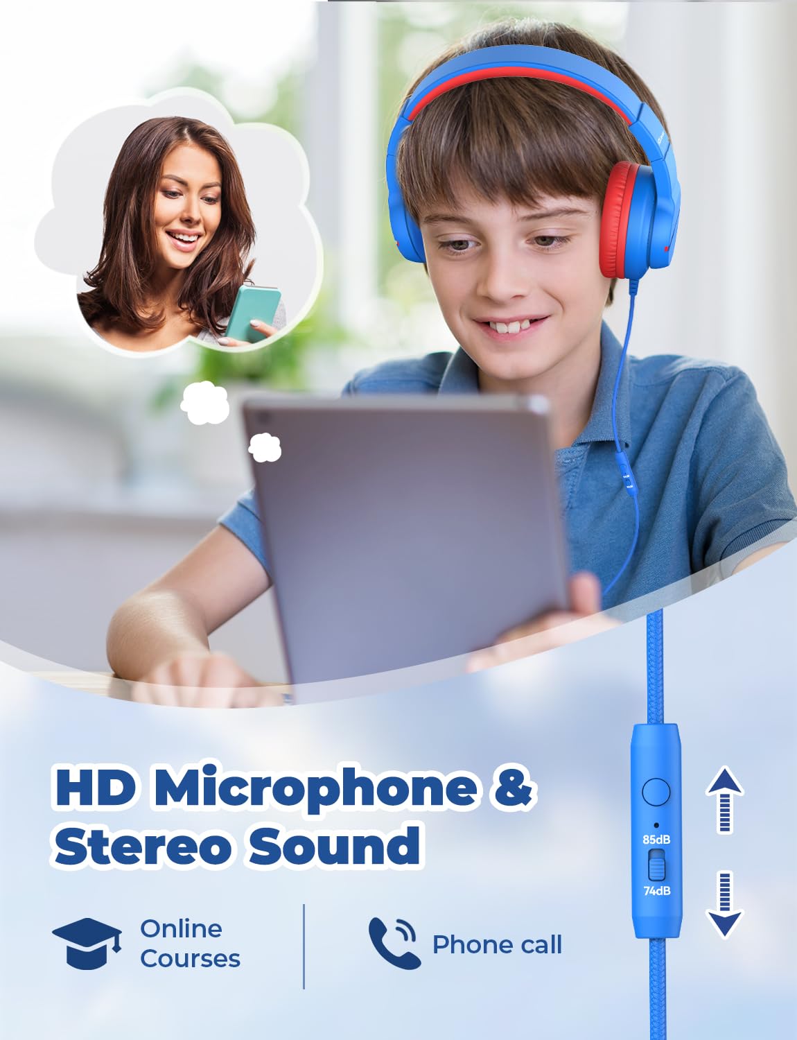 iClever HS19 Kids' Headphones with Microphone, Blue