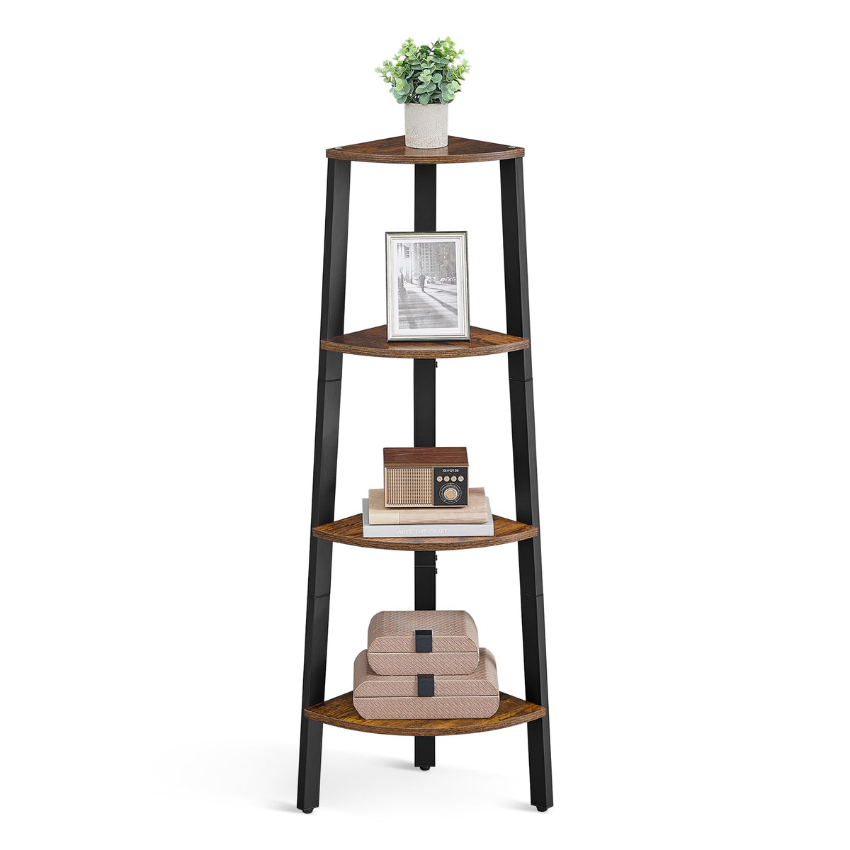 VASAGLE 4-Tier Corner Shelf Stand, Rustic Brown/Black, ULLS34X