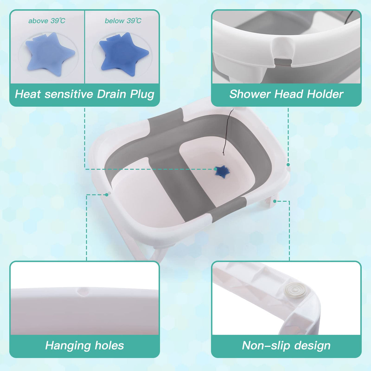 4-in-1 Newborn to Toddler Baby Bathtub with Temperature Sensor, Grey