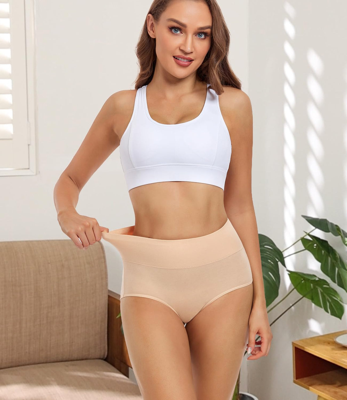 Wirarpa Women's High Waisted Cotton Briefs, 5 Pack, Beige, Large
