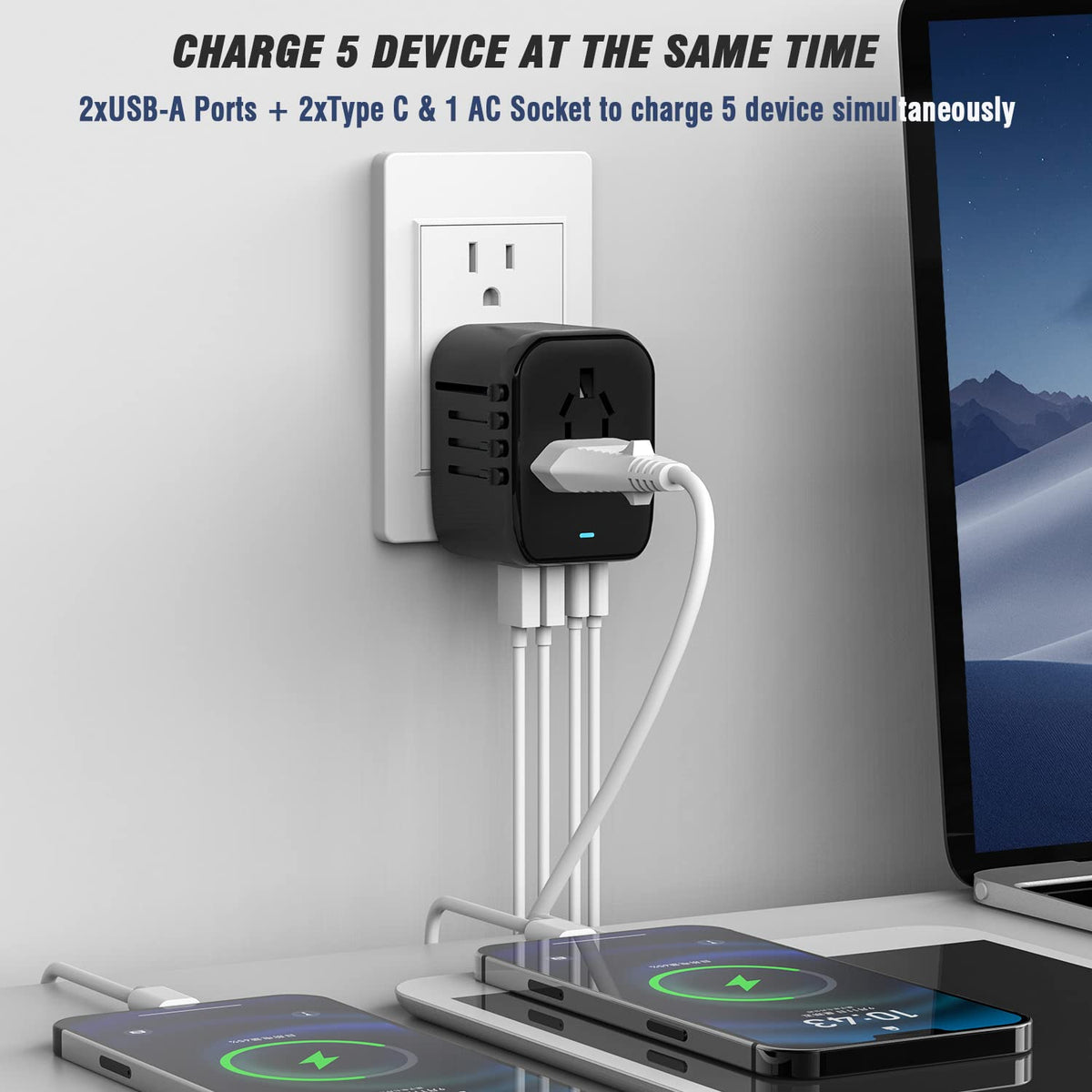RXSQUL 5-in-1 Universal Travel Plug Adapter, 2 USB-A, 2 USB C, Black