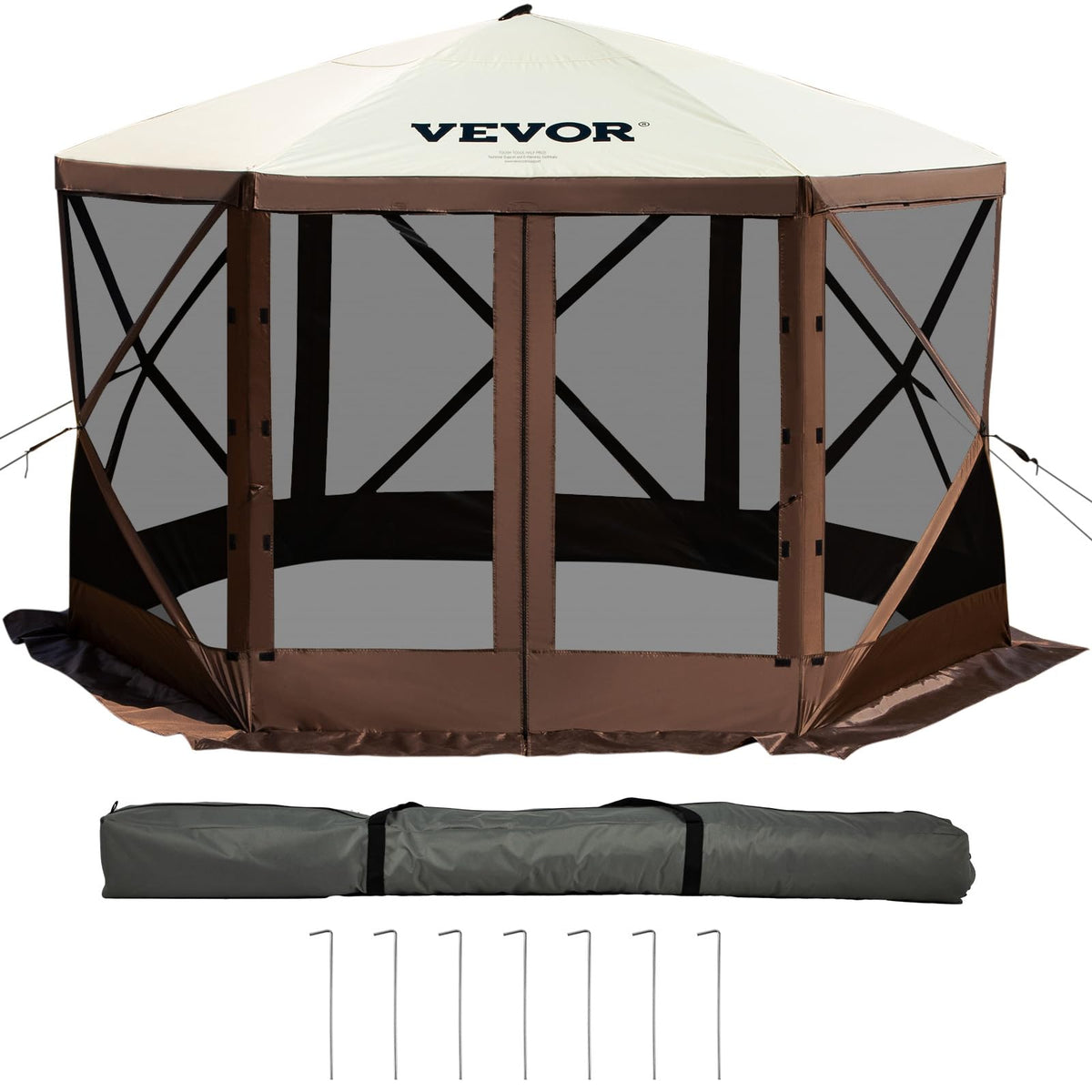 VEVOR 6-Sided Pop-Up Gazebo Screen Tent, 12' x 12', Brown & Beige