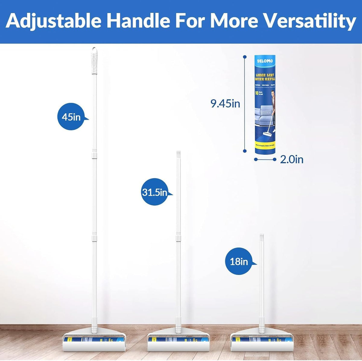 Delomo Large Lint Rollers, 9.45 in, with 3 Extendable Handles