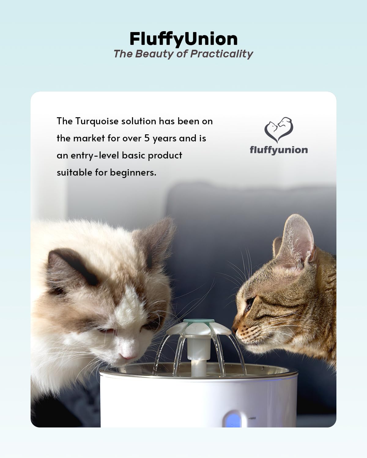 FluffyUnion Stainless Steel Lid Cat Water Fountain, 2.4 L