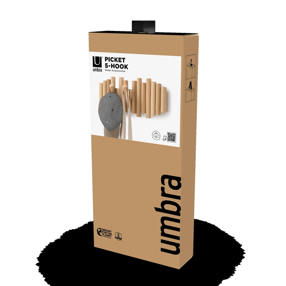 Umbra Picket Coat Rack, 5 Flip-Down Wood Hooks, Natural