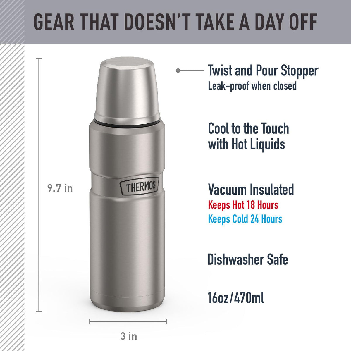 Thermos Stainless King Beverage Bottle, Matte Steel, 16 oz