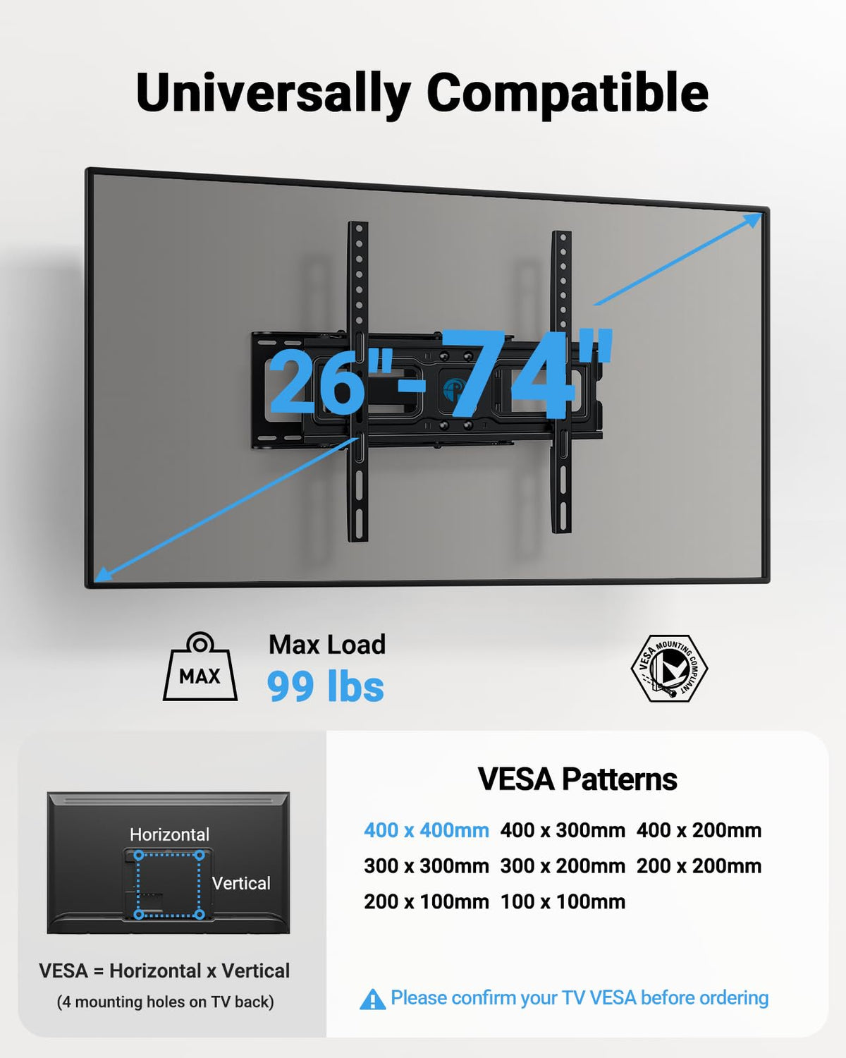 Pipishell Full Motion TV Wall Mount for 26-74 in TVs, 99 lb