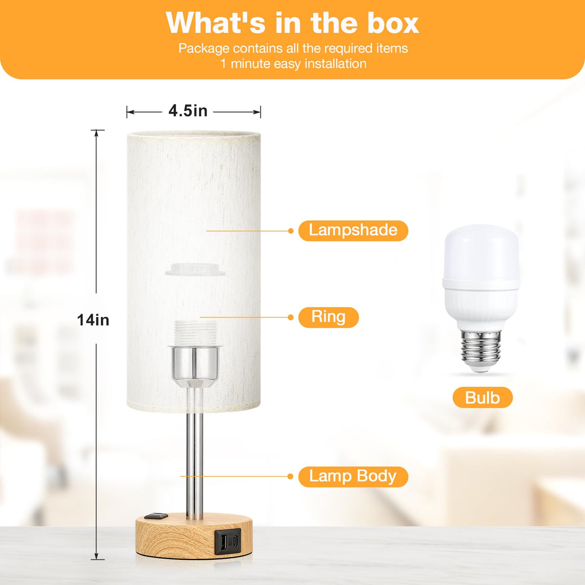 Fenmzee Dimmable Touch Bedside Lamp with USB-C and Outlet, White