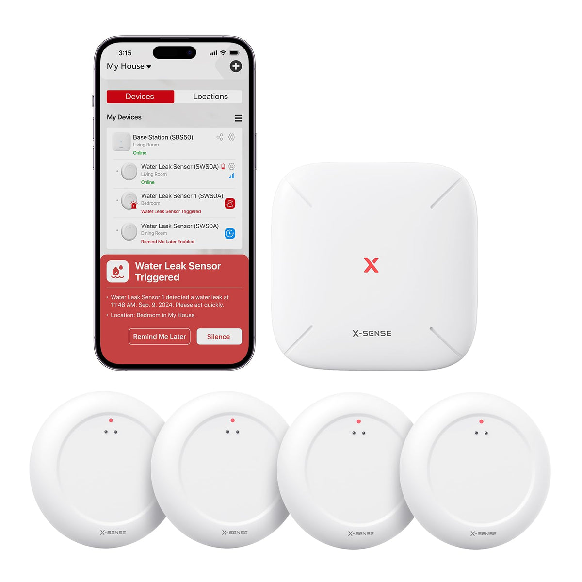 X-Sense Wi-Fi Water Leak Detector Kit, 4 Sensors, SWS0A41