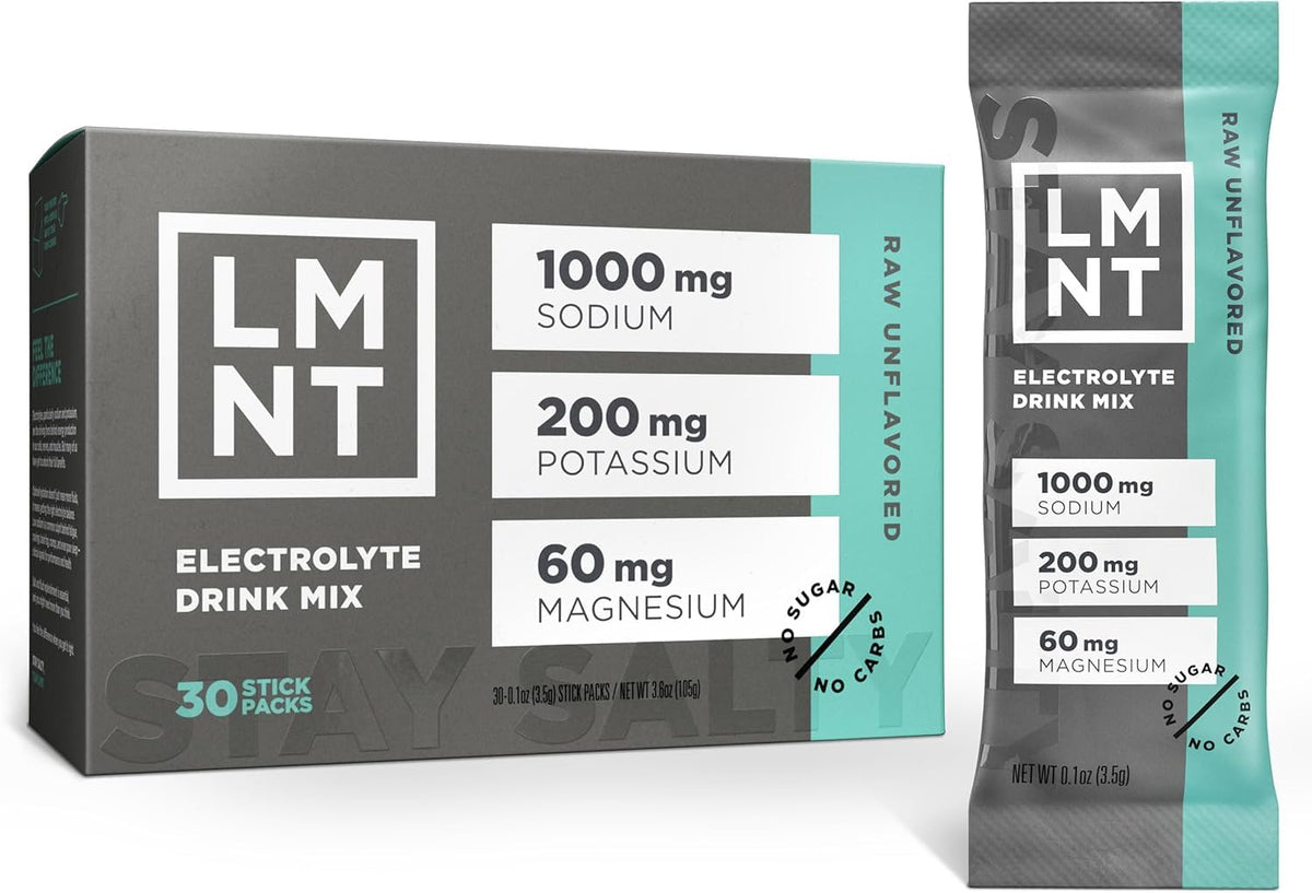 LMNT Electrolyte Drink Mix, Raw Unflavored, 30 Stick Packs